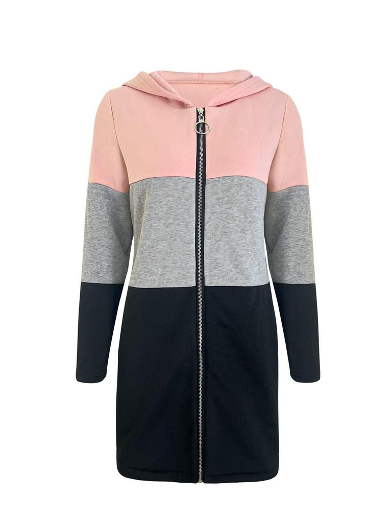 Women's Casual Color Block Hooded Jacket with Three-Color Splicing for Autumn/Winter