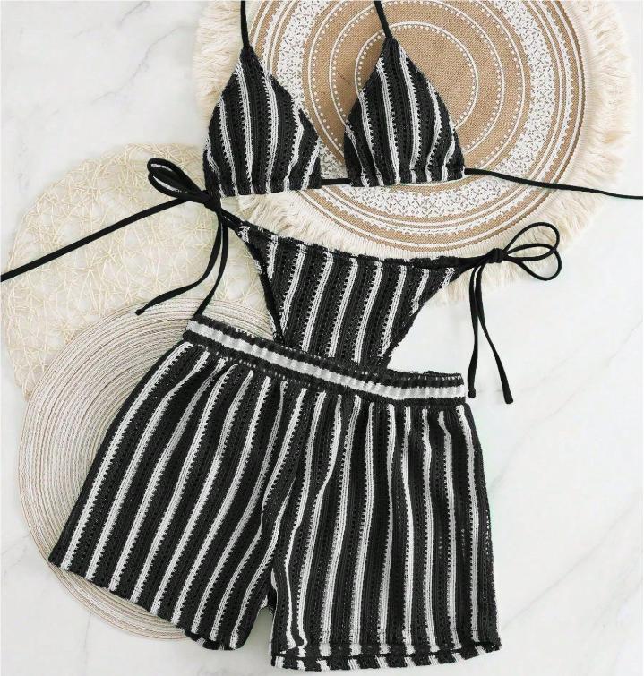 Style Boxer Shorts Mesh Three-piece Women's Swimsuit Neck Lace-up Bikini Set