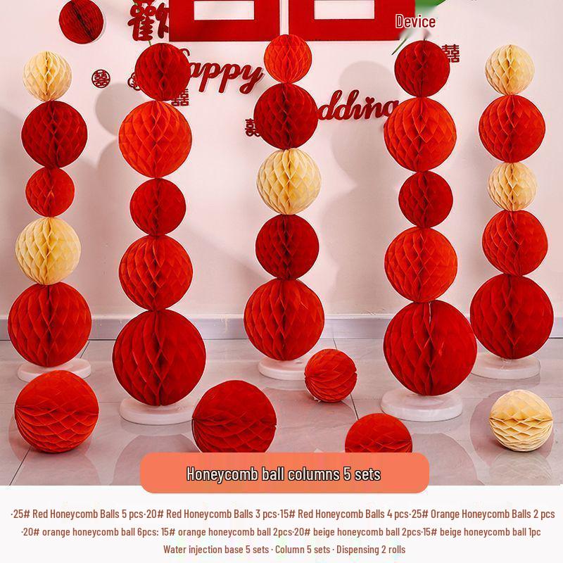 Honeycomb Ball Pillar Lantern for Wedding Room Decoration, Bride Photo Props, Double Happiness Wall Flower