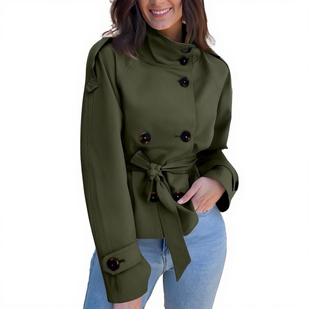 Women's Fashion Stand Collar Double-Breasted Waist-Defining Belted Short Trench Coat