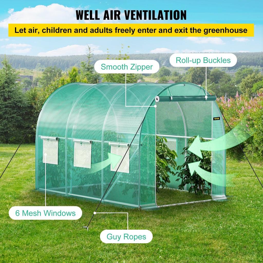Walk-in Tunnel Greenhouse, 10 x 7 x 7 ft Portable Plant Hot House w/ Galvanized Steel Hoops, 1 Top Beam, Diagonal Poles, Zippered Door & 6 Roll-up