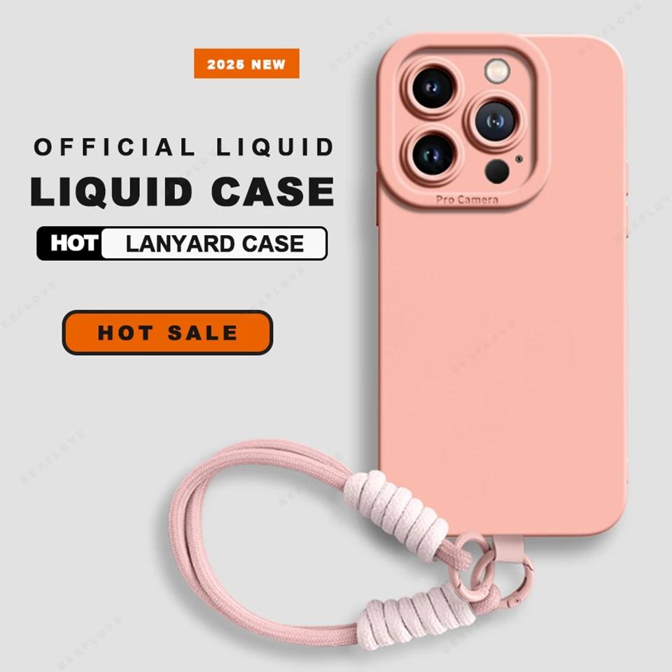 Lanyard Phone Case For iPhone 16E 16 14 15 Plus 12 13 Mini 11 16 Pro X XR XS Max SE Liquid Silicone Strap Protector Soft Cover
