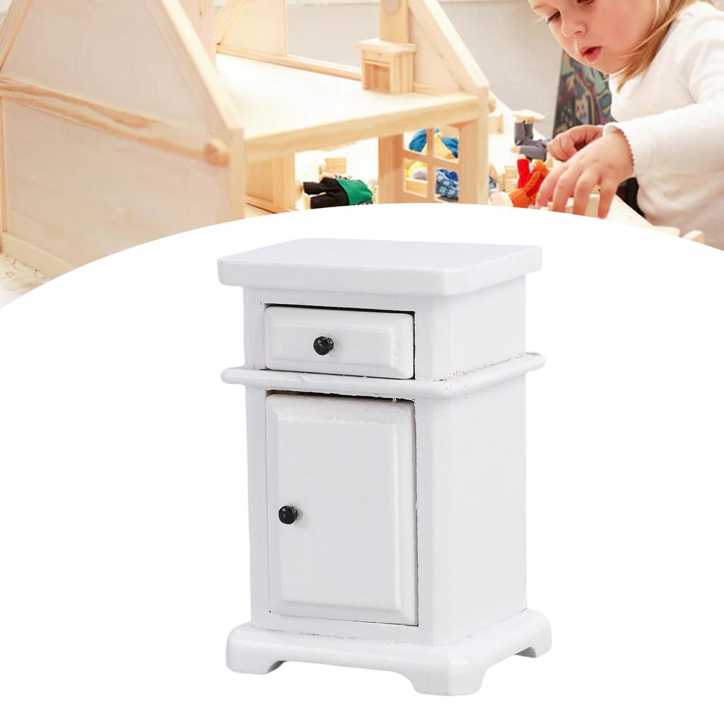1:12 Scale Miniature Bedside Cabinet Birch Wood Furniture Nightstand with Drawer for Bedroom