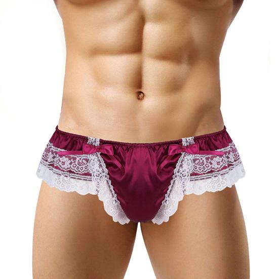 Low Waist Elastic Waistline Bowknot Decor U Convex Men Briefs Sexy Sweet Crochet Lace Stitch Nightclub Panties