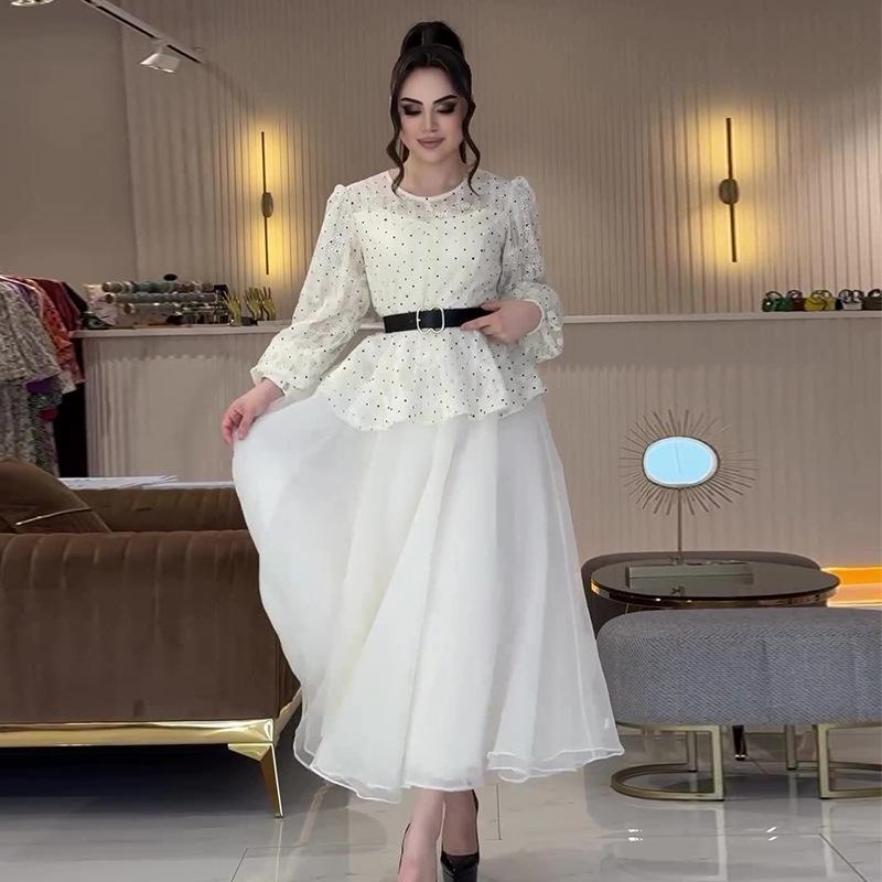 2024 Summer Polka Dot Print Top & Solid Mesh Midi Skirt Set