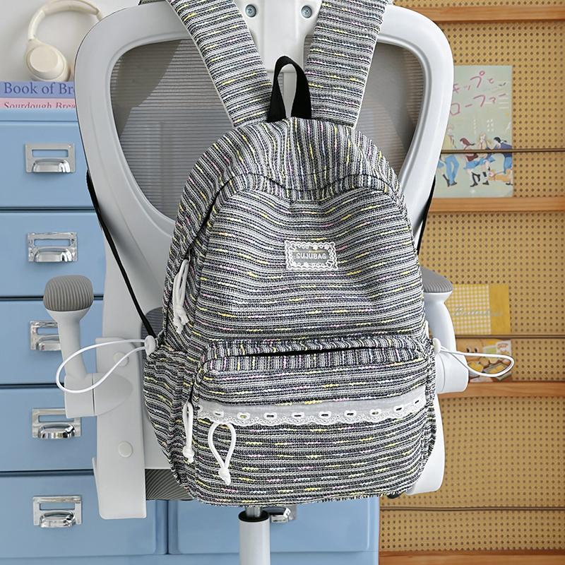 Cute Striped Backpack with Lace Trim, Lightweight School Bag for Women and Teens