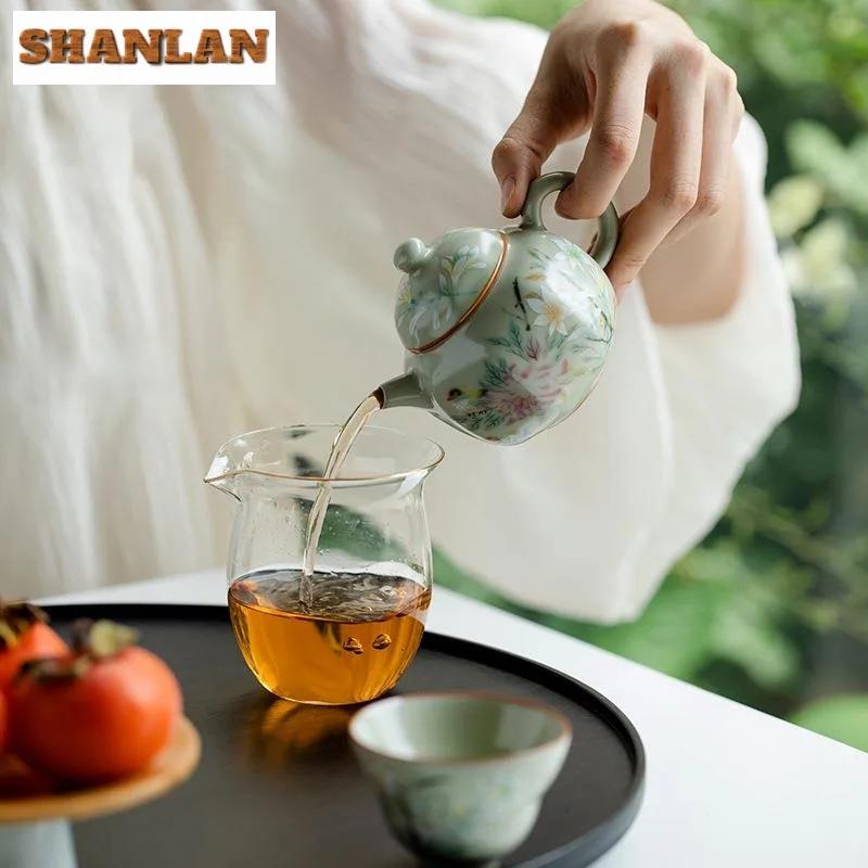 Antique Secret Yellow Ru Kiln Teapot Luxury Flower and Bird Pot Tea Brewing Kettle Cha Kung Fu Teaware Drinkware Supplies Craft