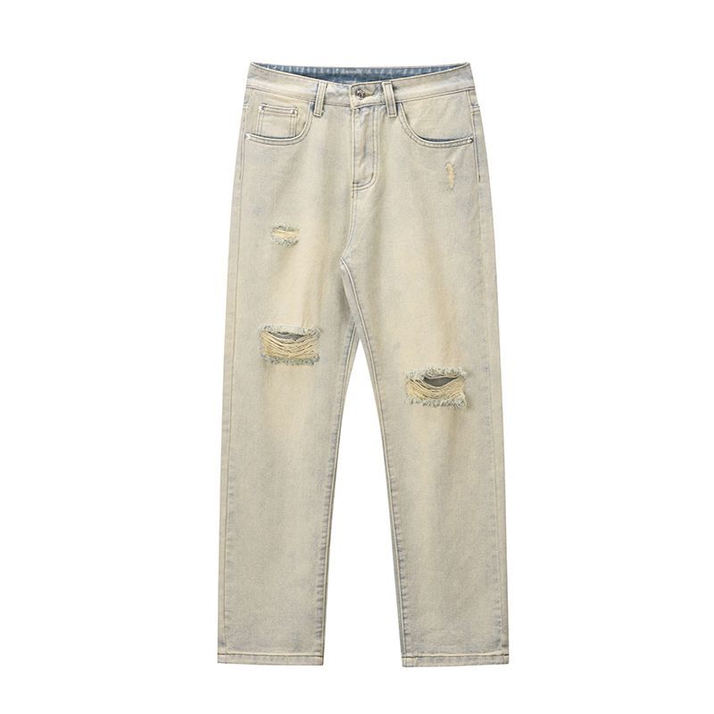 

Американские уличные потертые старые пожелтевшие свободные джинсы, мужские универсальные повседневные нишевые длинные брюки жареного уличного дизайна XL