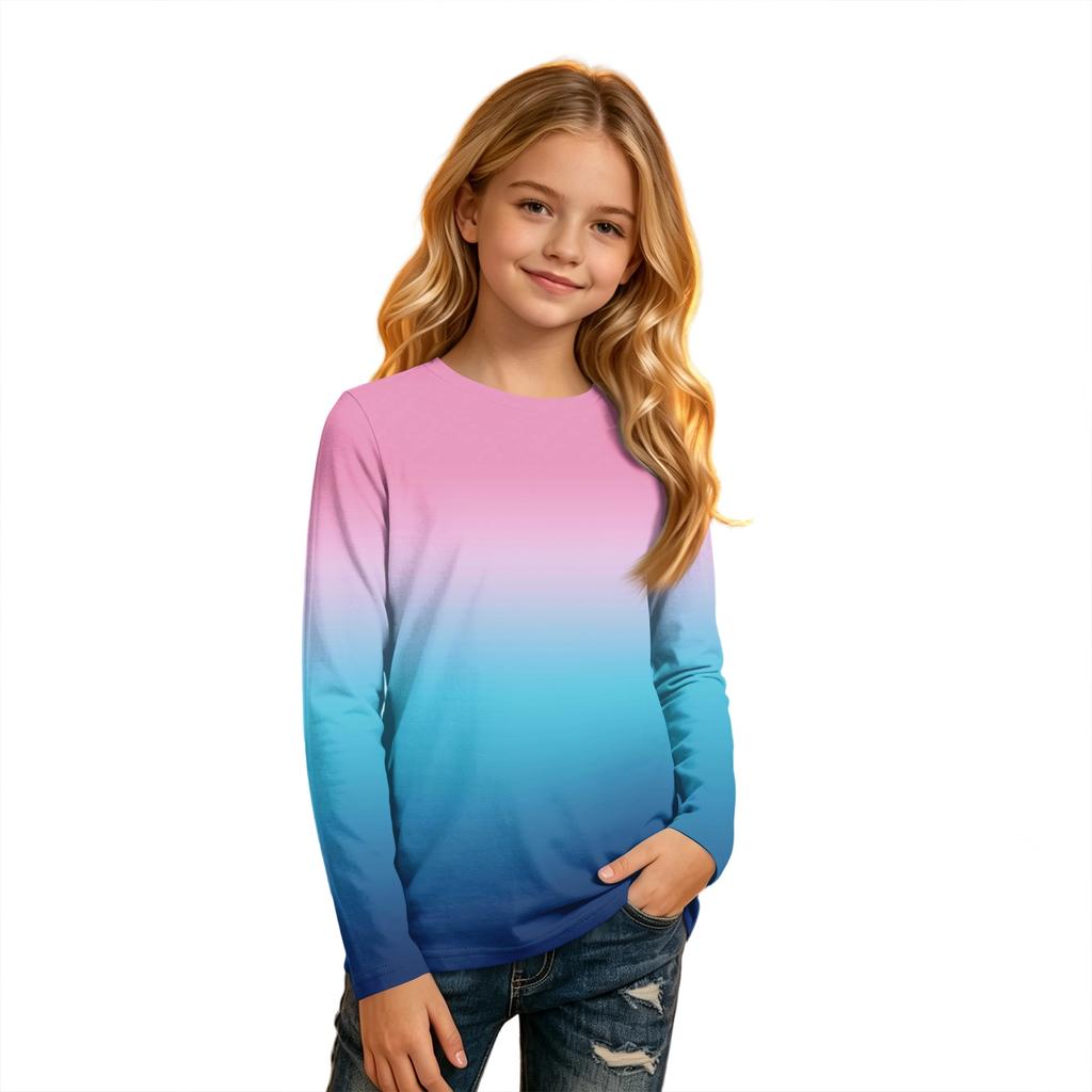 Kids' Round Neck Long Sleeve Gradient Print T-Shirt for Casual Everyday Wear