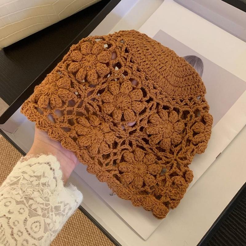 Flower Hat Pile Thin Retro Handmade Breathable Woven Versatile Hollow Hook Flower Knitted Toe Cap Yarn Hat