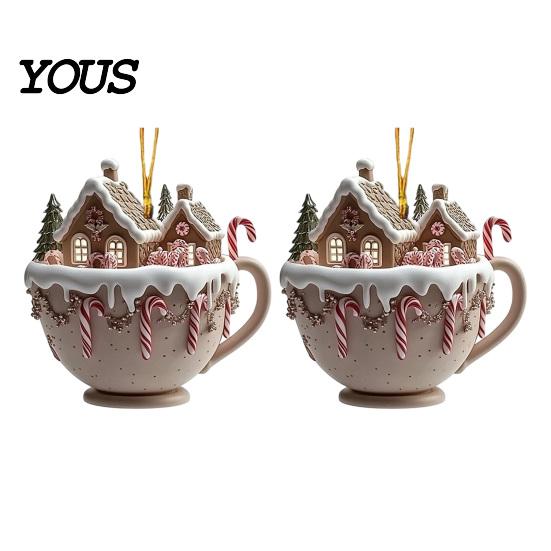 Unique Stocking Stuffer Gifts 2Pcs Fairy Tale Coffee Cup Snow House Christmas Ornaments, Double-sided Acrylic Ornaments Hanging Decoration for