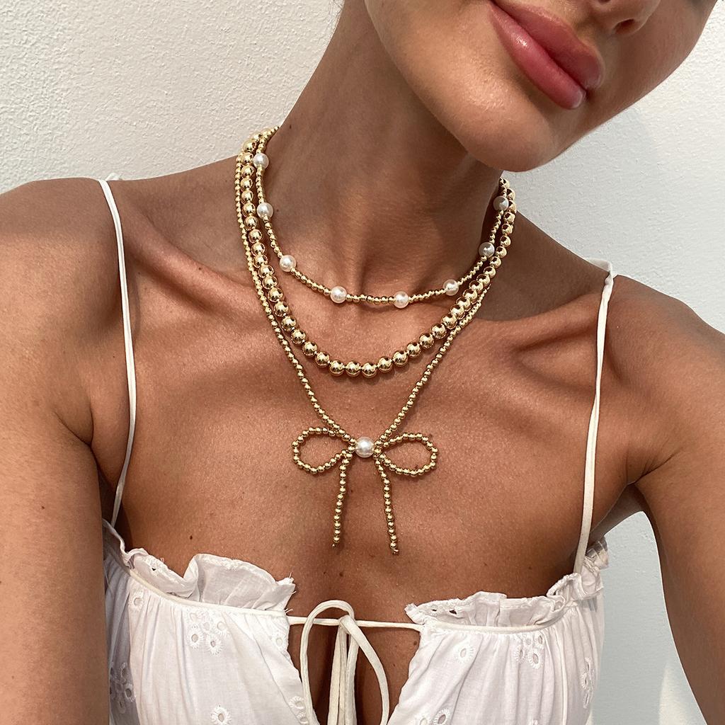 Sweet And Cool Style Imitation Pearl Bow Necklace, Personalized Ccb Beaded Collarbone Chain Necklace
