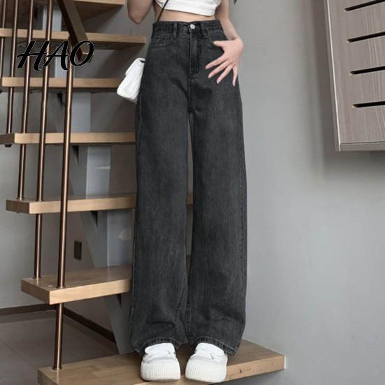 Solid Color High-waist Jeans Women High Waist Button Zipper Closure Vintage Loose Fit Hidden Belly Shape Trousers Pockets Straight Wide Leg Streetwear