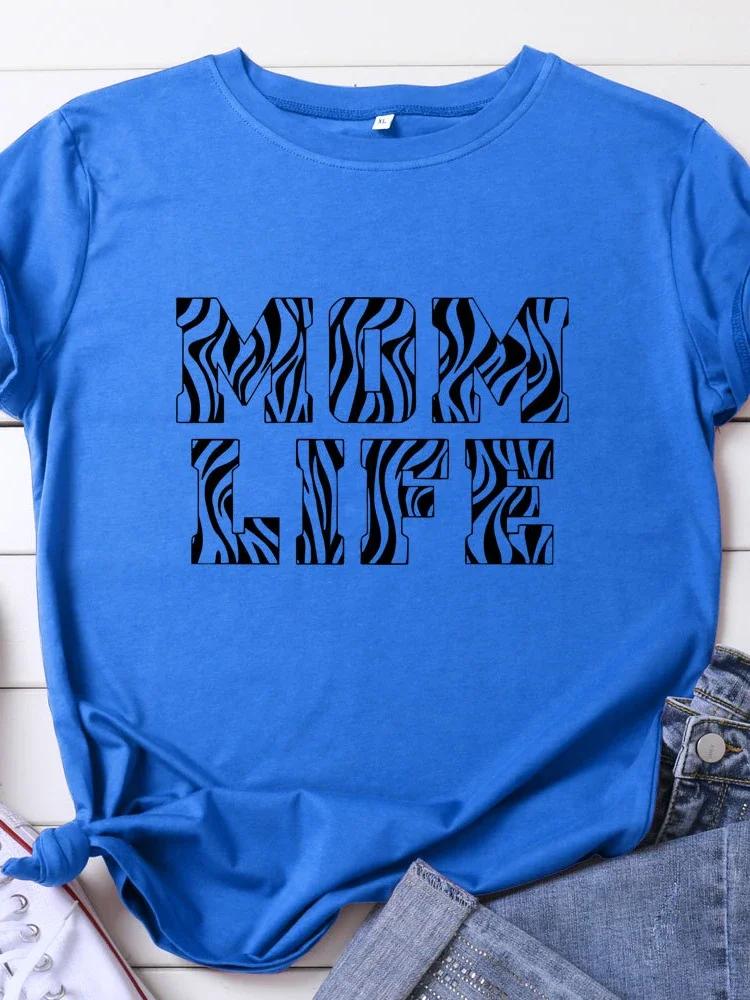 Zebra Stripes MOM LIFE Letter Print T Shirt Women Short Sleeve O Neck Loose Tshirt Summer Women Tee Shirt Tops Camisetas Mujer