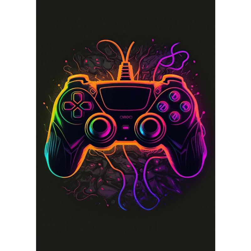Cooles Gaming Wandbild Leinwandgemälde, Bunter Gamer Controller, Neon Pop Poster und Druck, E-Sports Raumdeko, Geschenk, Ohne Lichter
