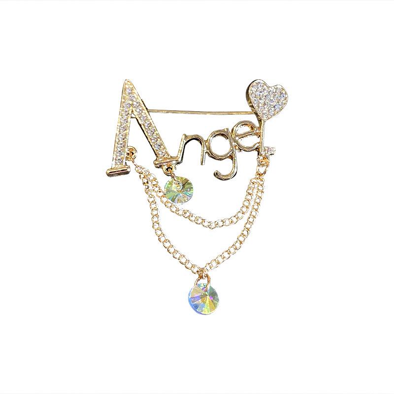 Dongdaemun Fashion Angel Letter Tassel Brooch: Trendy Chest Chain Accessory