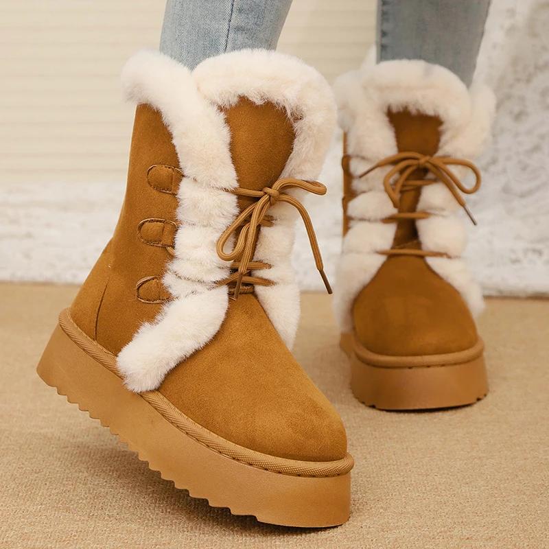 Women's Winter Warm Fur Snow Boots Lace Up Fluffy Plush Platform Ankle Boots for Women Thick Bottom Non Slip Cotton Padded Shoes