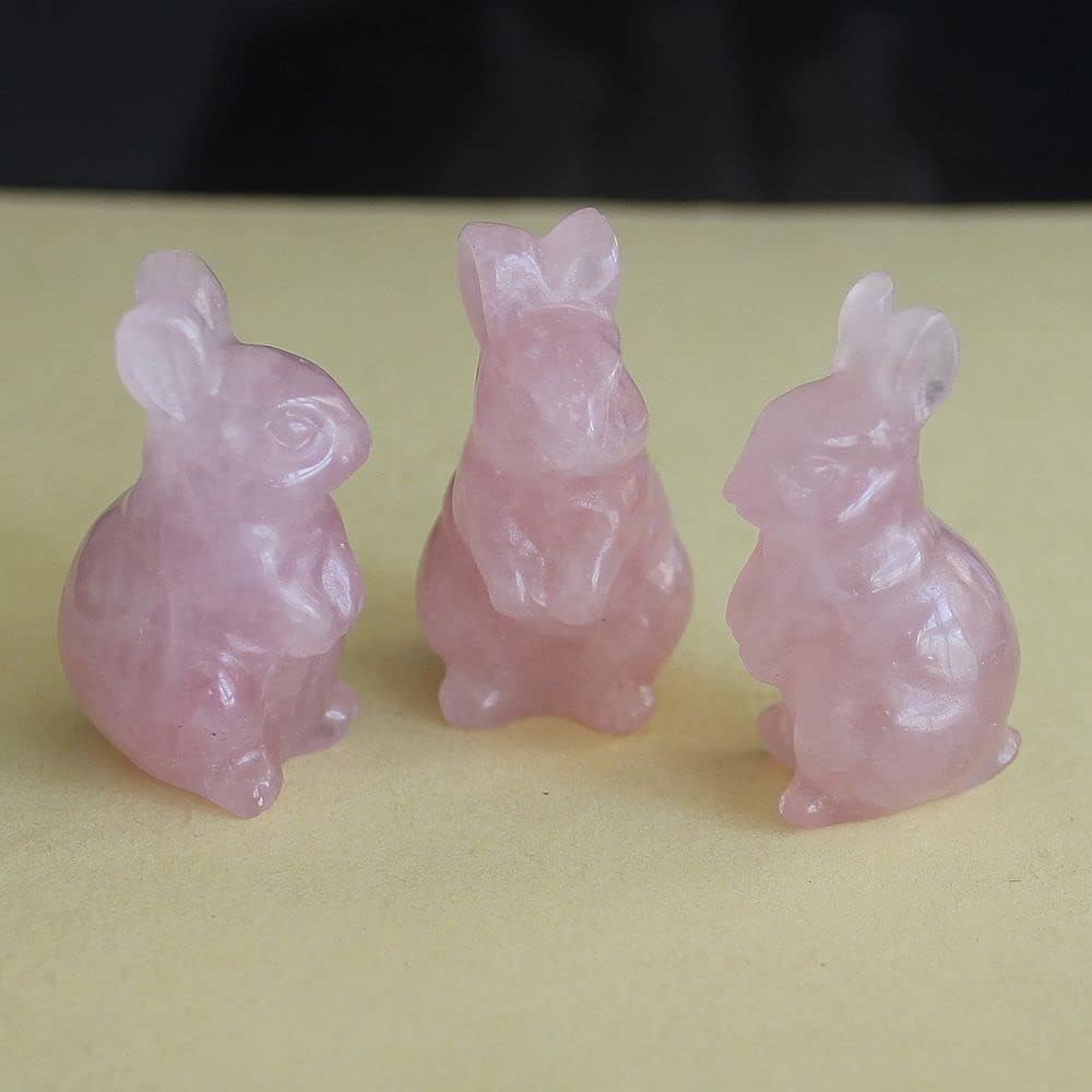 Cute Hand Carved Gemstone Crystal Rabbit Bunny Figurine Animal Carving Statue Home Decor 1.5'' (Rose Quartz)