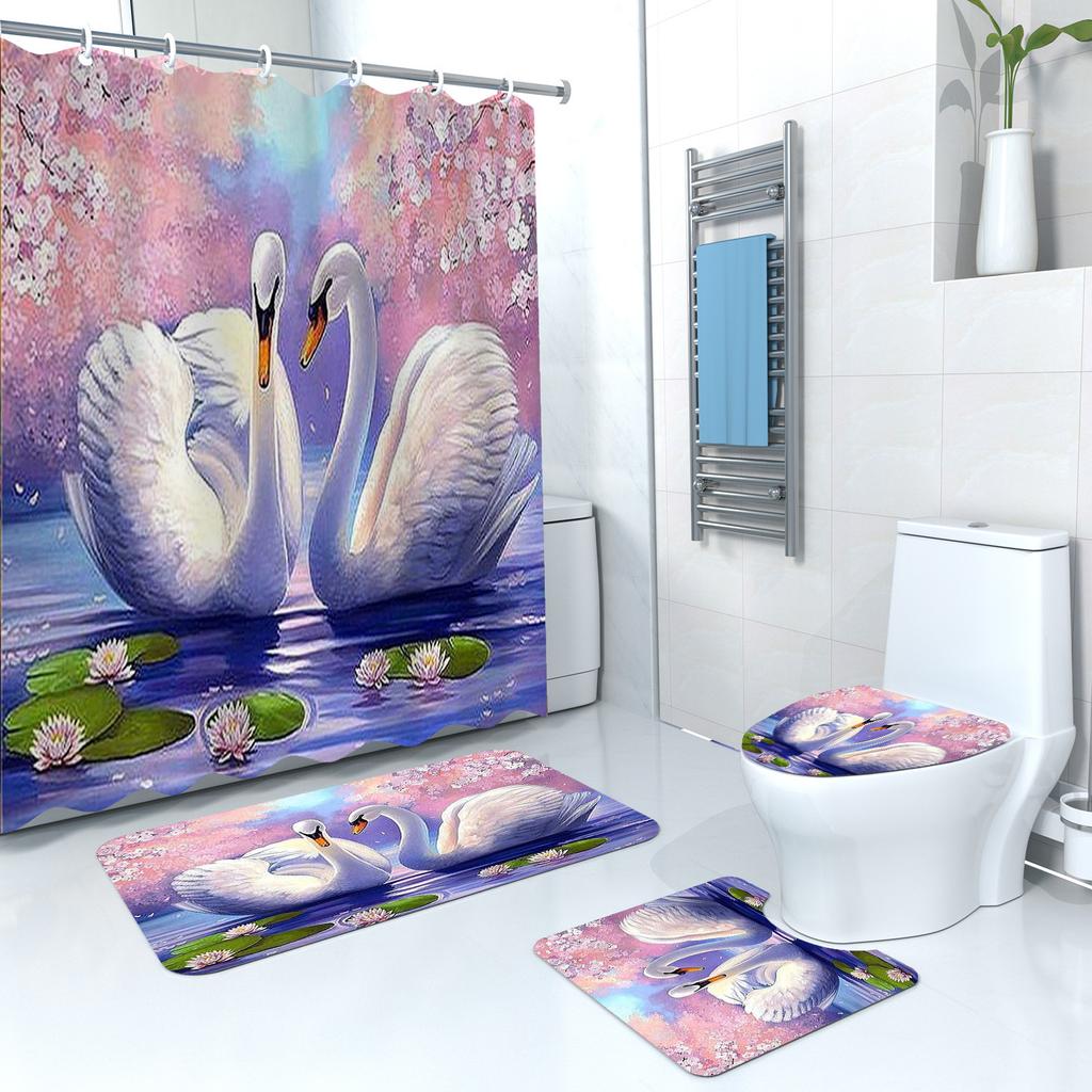 Shower Curtain Digital Printing Shower Curtain Landscape Bird Polyester Bathroom Partition Curtain Bathroom Four-Piece Set