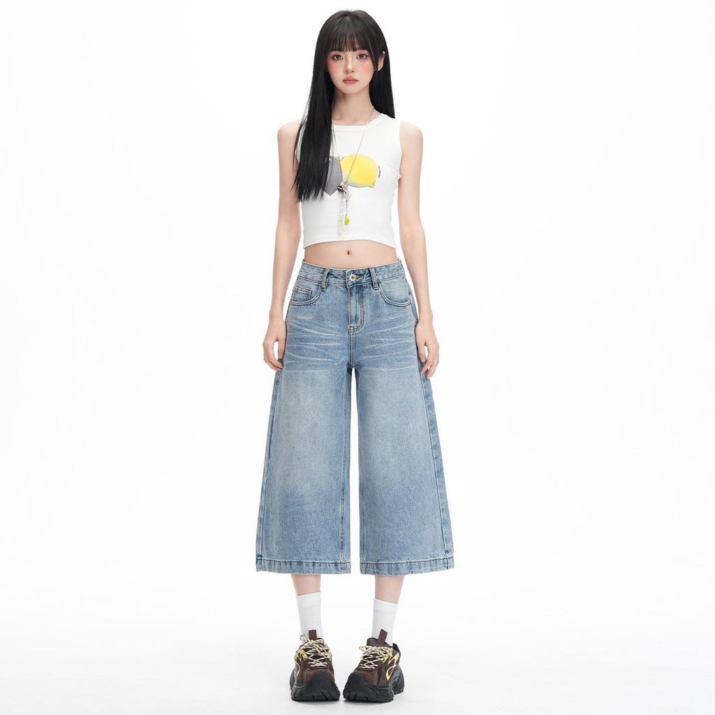 Trendy Summer Vintage Loose Straight Cropped Capri Denim Pants For Women Versatile Slimming AllMatch Basic Denim Bottoms