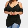 Fashion Womens Plus Size Cutout Asymmetric Cold Shoulder T-shirt V-Neck Tops