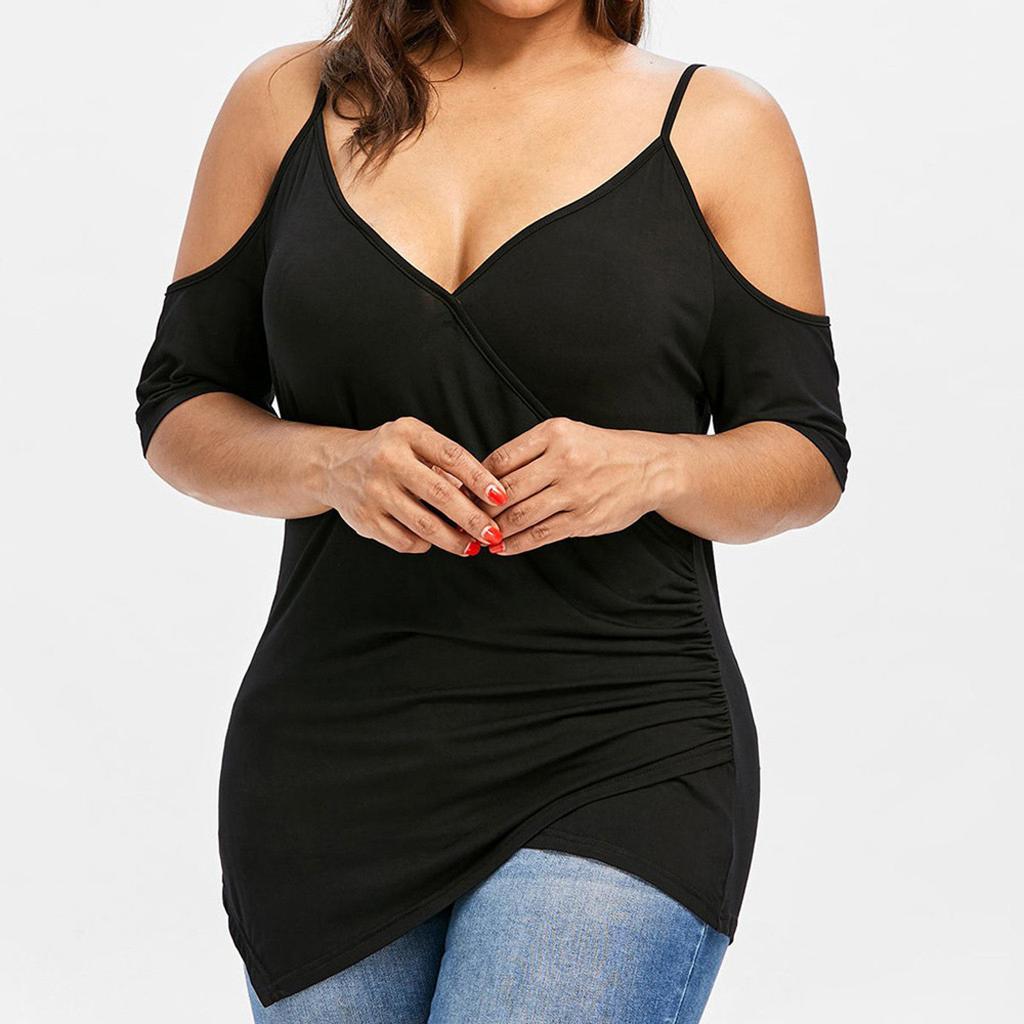 Fashion Womens Plus Size Cutout Asymmetric Cold Shoulder T-shirt V-Neck Tops