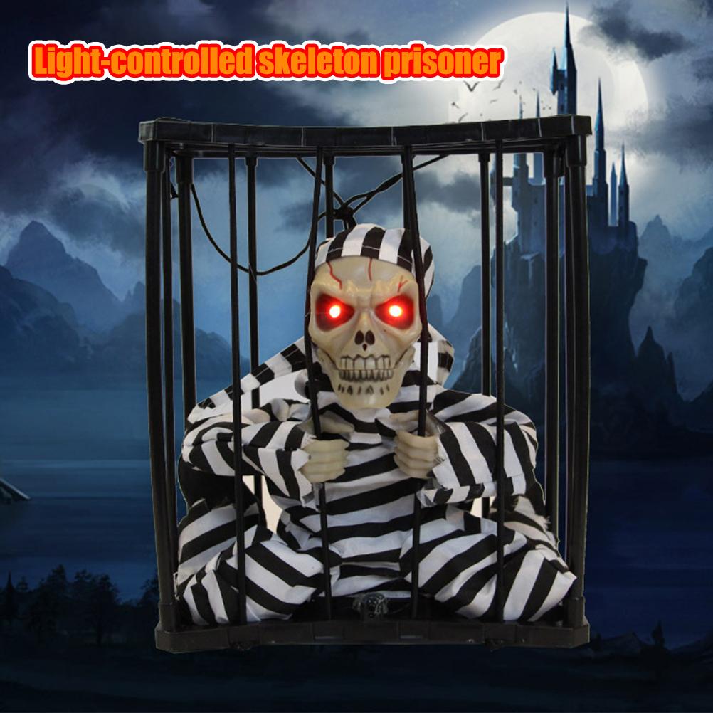 Halloween Scary Screaming Animated Skeleton Cage Prisoner with Light Up Eyes Haunted House Props