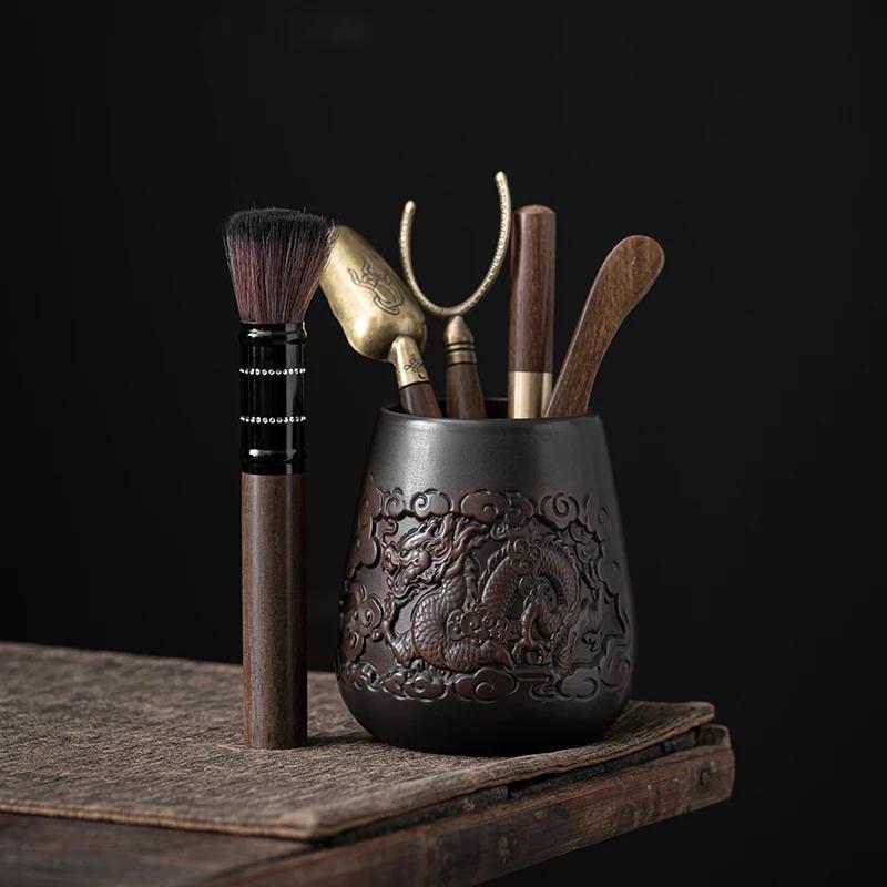 High-end Purple Pottery Tea Ceremony Six Gentlemen  Hand Carving Pottery Blackwood Solid  Kung Fu Tea Set Accessorie