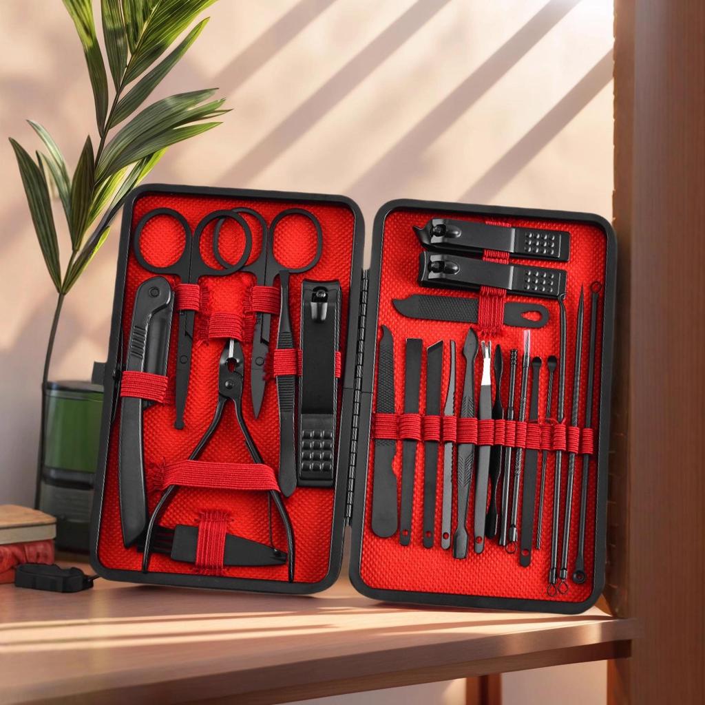 24-Piece Black and Red Nail Clipper Set - Stainless Steel Manicure and Pedicure Tools