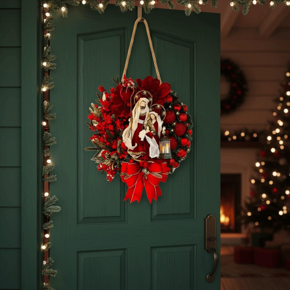 Party Supplies Red Christmas Wreath 2D Oil Lamp Door Hanging Artificial Garland Flat Wooden Christmas Ornaments Fireplace Mantel
