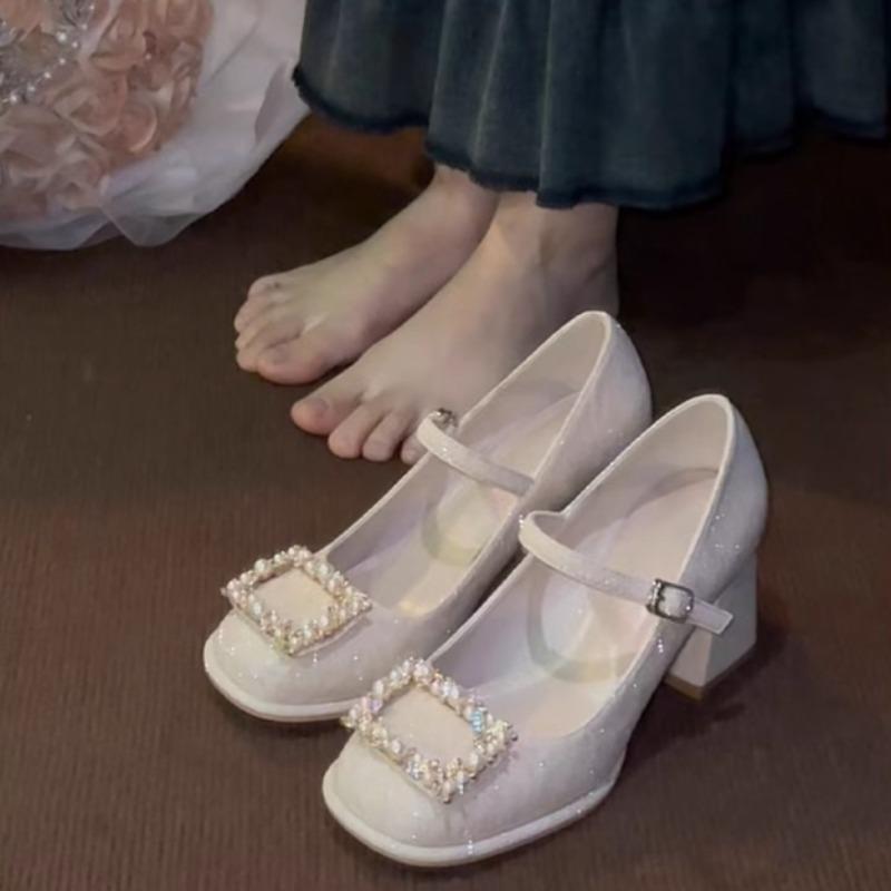 Fashion Block Heel High Heels Women Spring and Autumn New Round Toe Shallow Mouth Crystal Buckle Mary Jane Wedding Shoes