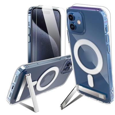 Transparent Magnetic Stand Phone Case with Screen Protector for iPhone 15 14 Pro Max Plus 13 12 Mini 11 Clear Kickstand Cover