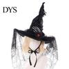 Pleated Lace Wizard Hat Halloween Witch for Women, Gothic Spider Web Mesh Skeleton Hand Comfortable Cosplay Rose Flower Costume, Party Theater