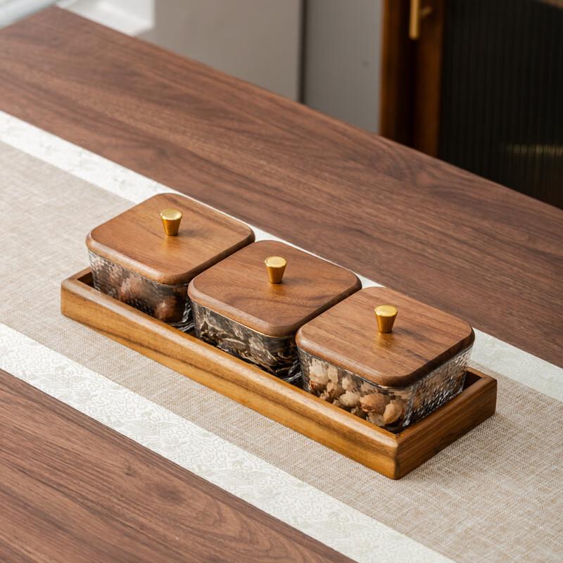Walnut Wood and Hammered Glass Divided Snack Tray with Lid