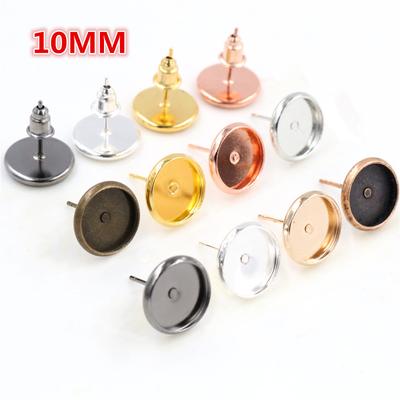 8/10/12mm 50pcs/Lot 8 Colors Plated High Quality Stainless Iron Earring Studs(with Ear Plug) Base,Fit 10mm Glass Cabochons