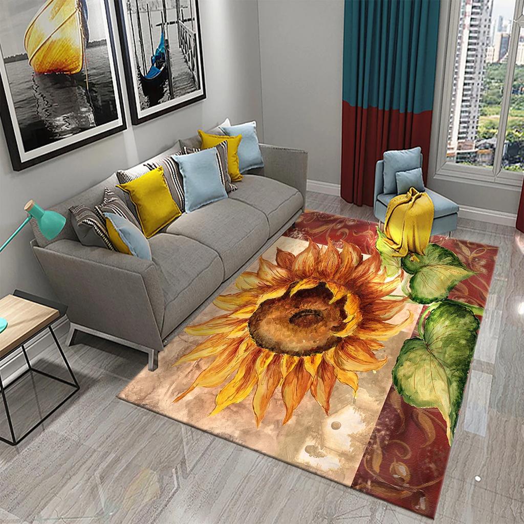 3D Oil Painting Sunflower Carpet for Living Dining Room Bedroom Kitchen Van Gogh Sunflower Nursery Rug Floor Non Slip Area Rug