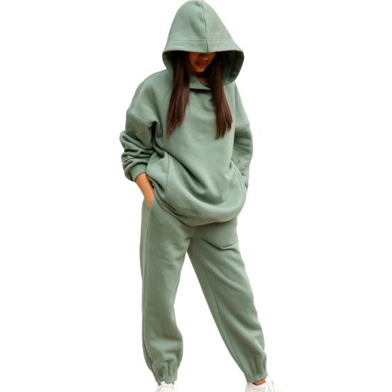 2 Pcs/Set Women Autumn Tracksuit Solid Color Loose Elastic Waist Thick Hooded Keep Warm Pocket Elastic Cuff Deep Crotch Winter