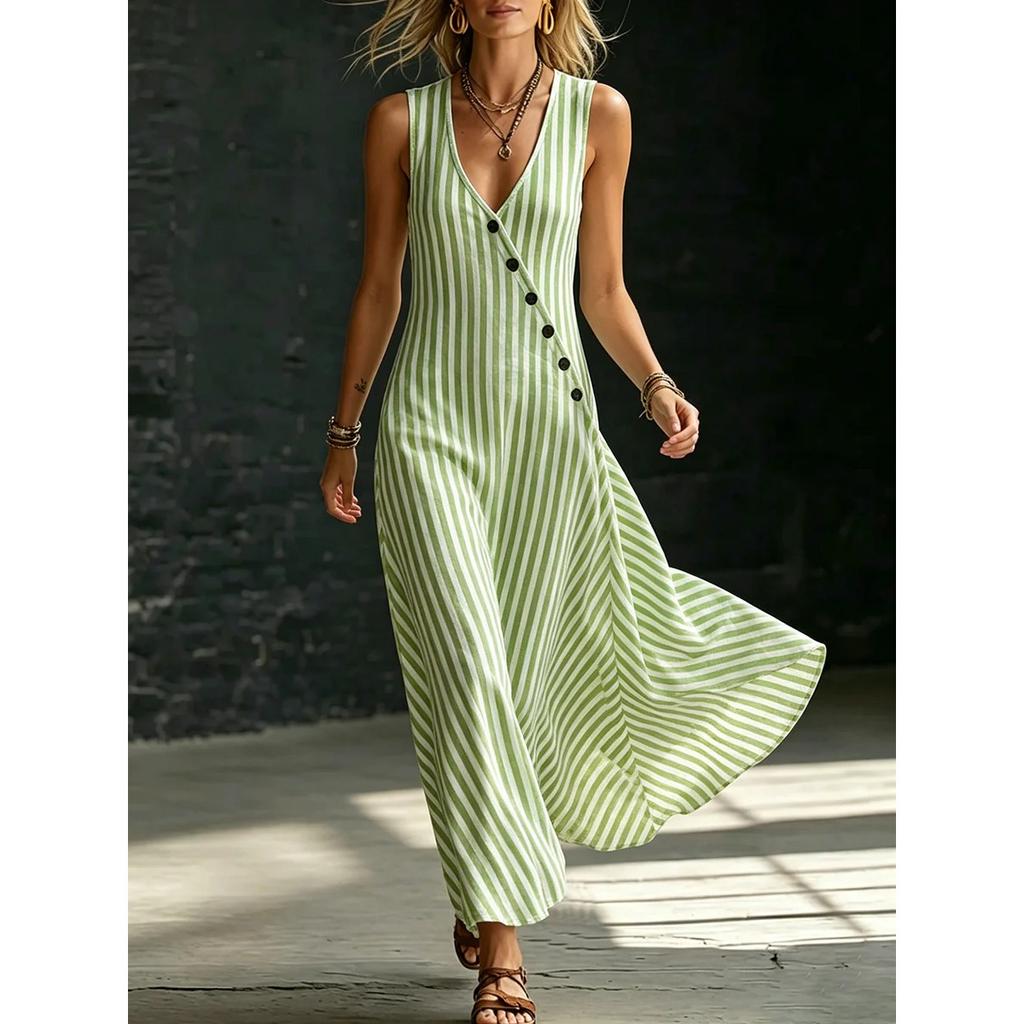 Spring Summer Sleeveless V Neck Striped Midi Dress Button Down Lazy Style Crossborder Women Dress