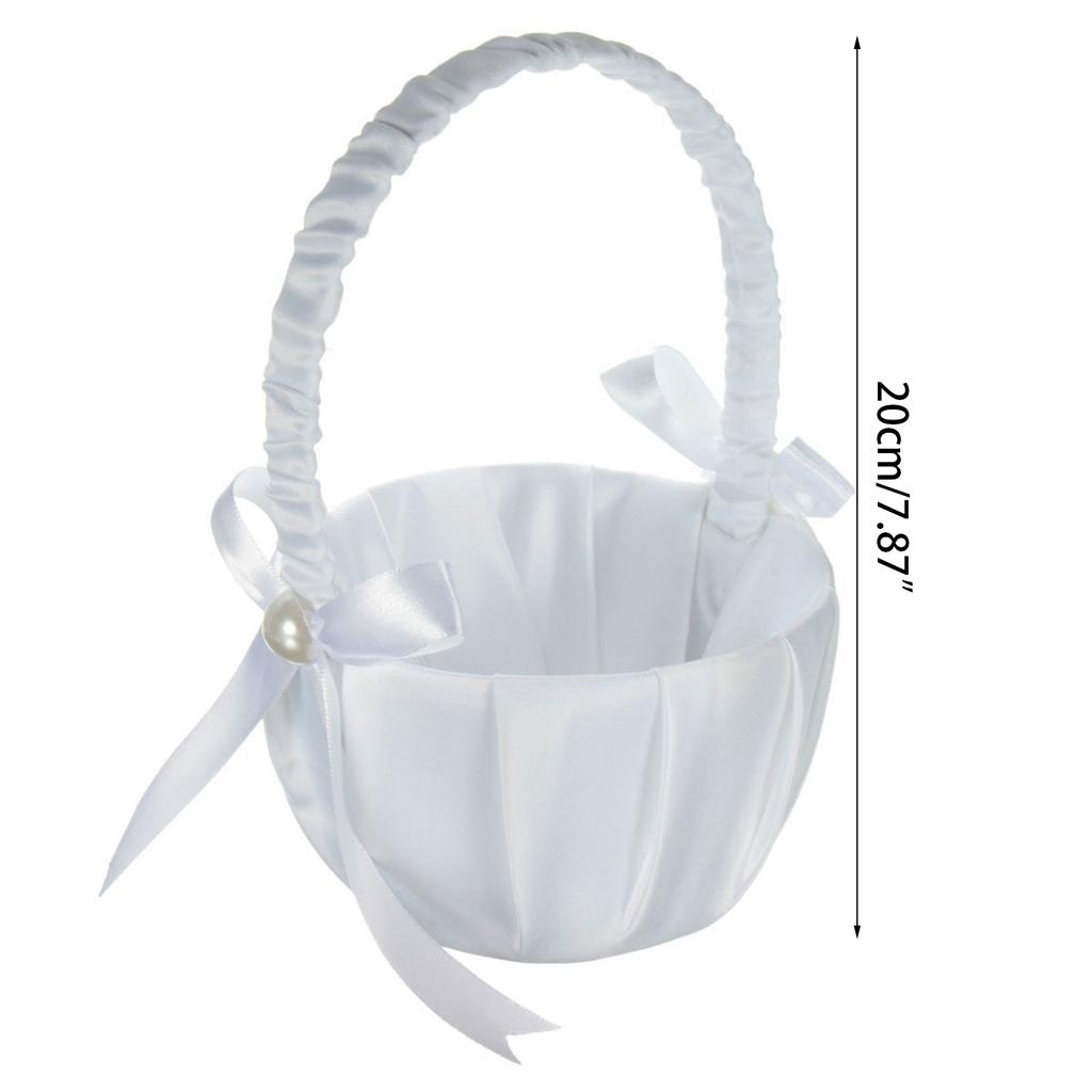 White Flower Girl Basket Bowknot Satin Cloth Baskets with Bowknots and Pearls Decor for Wedding Ceremony Party