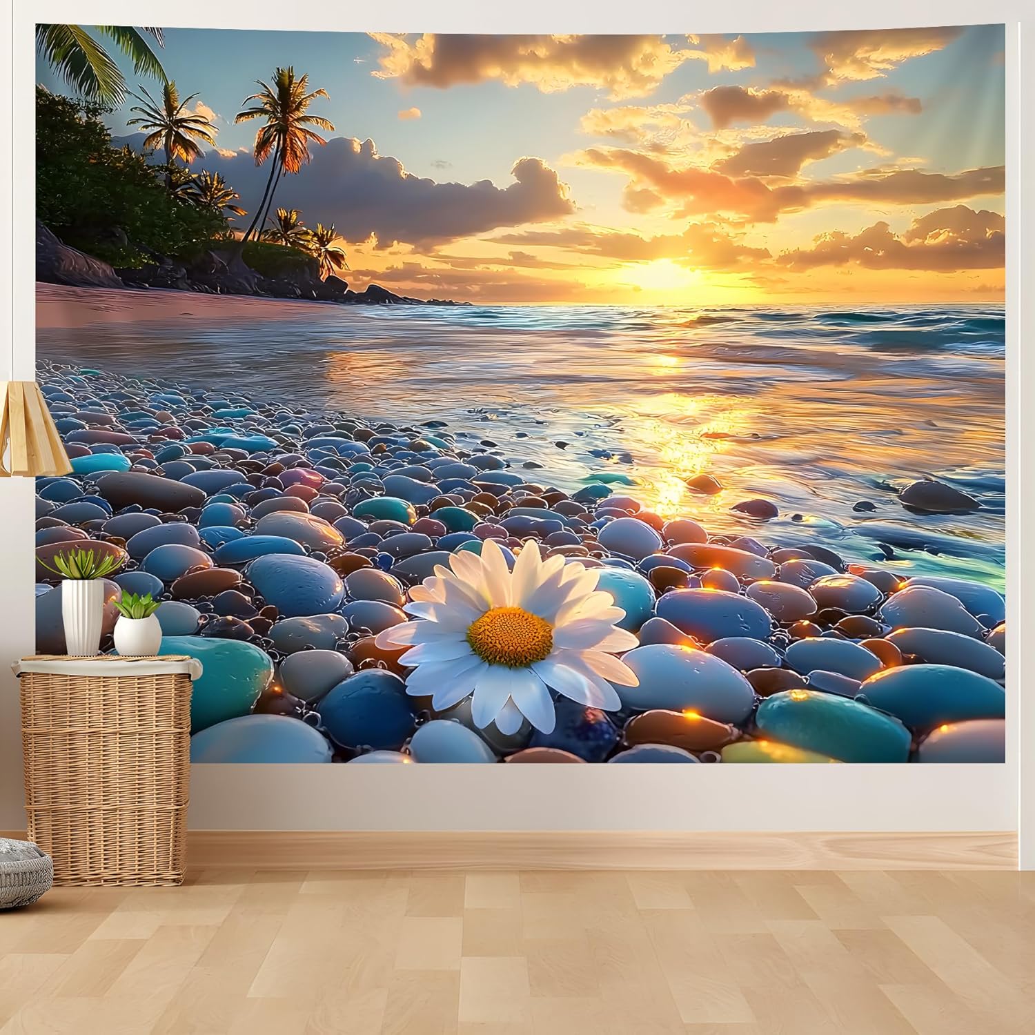 Ocean Sunset Tapestry Beach Evening Natural Beach Palm Tree Landscape Wall Hanging Bedroom Living Room Wall Decoration 100X70CM