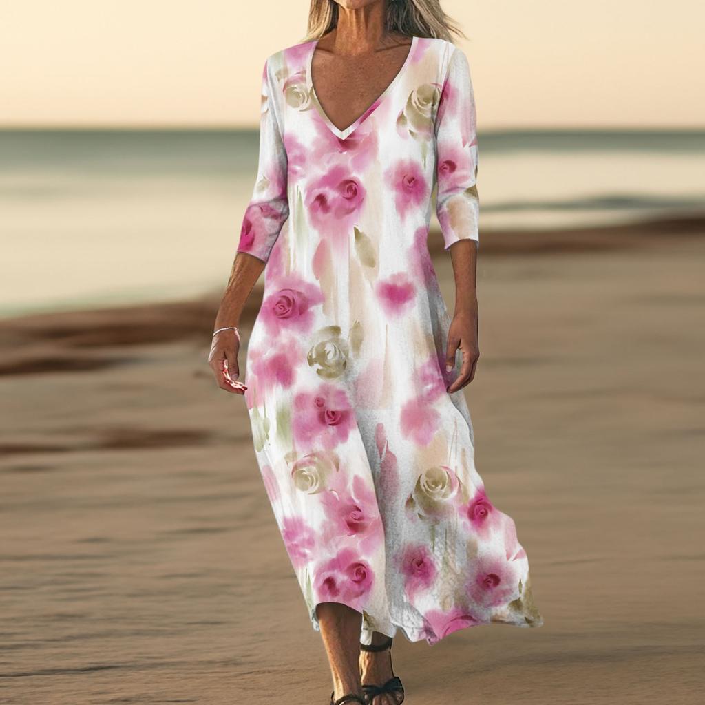 Dresses For Womens Vintage Print Tunic Waisted Midi Dress Summer Casual  3/4 Sleeve Dress