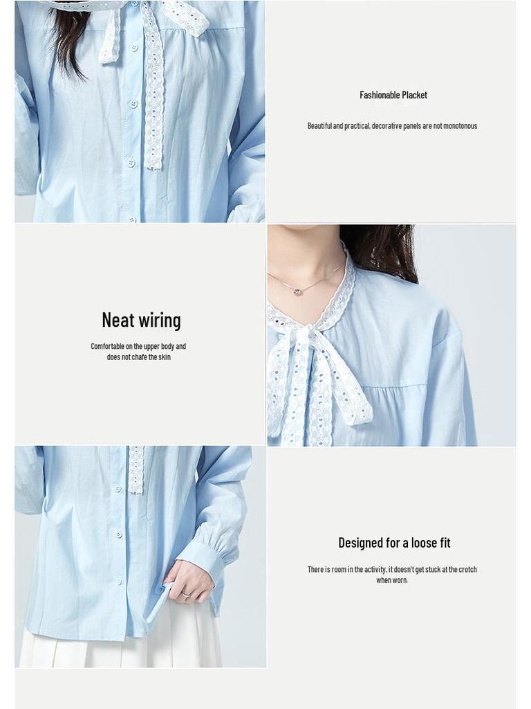 2026 Spring Lace Tie Loose Collar Long Sleeve Women's Shirt