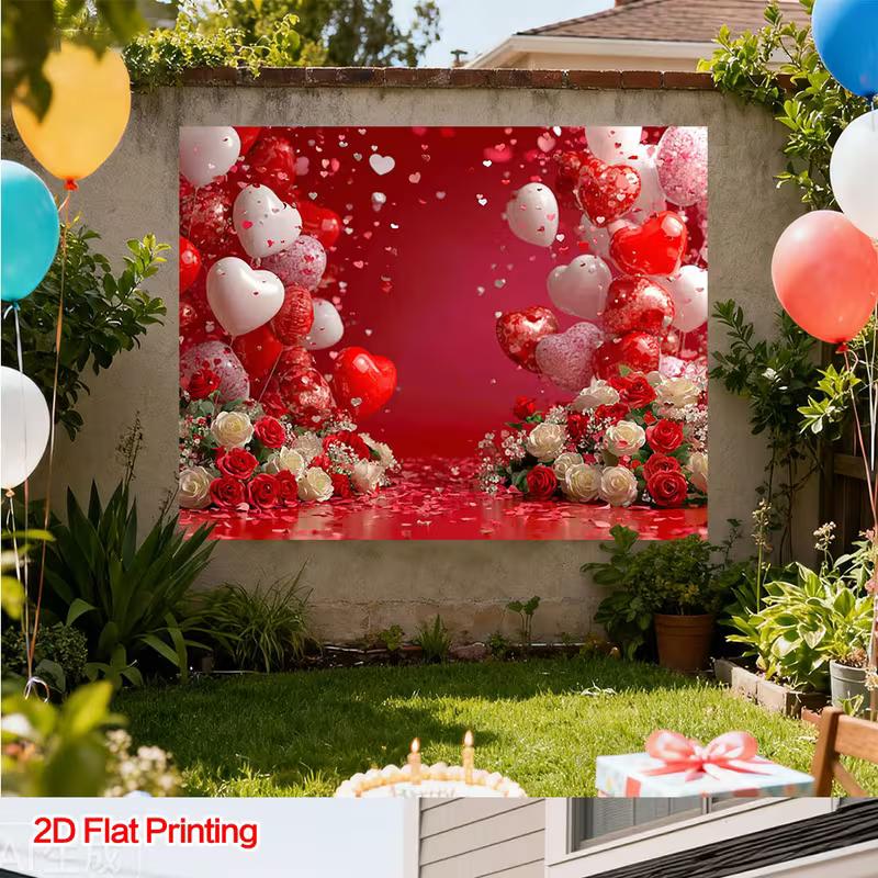 2D Rotes Liebesthema mit Herzballons und Rosen Thematischer Hintergrund