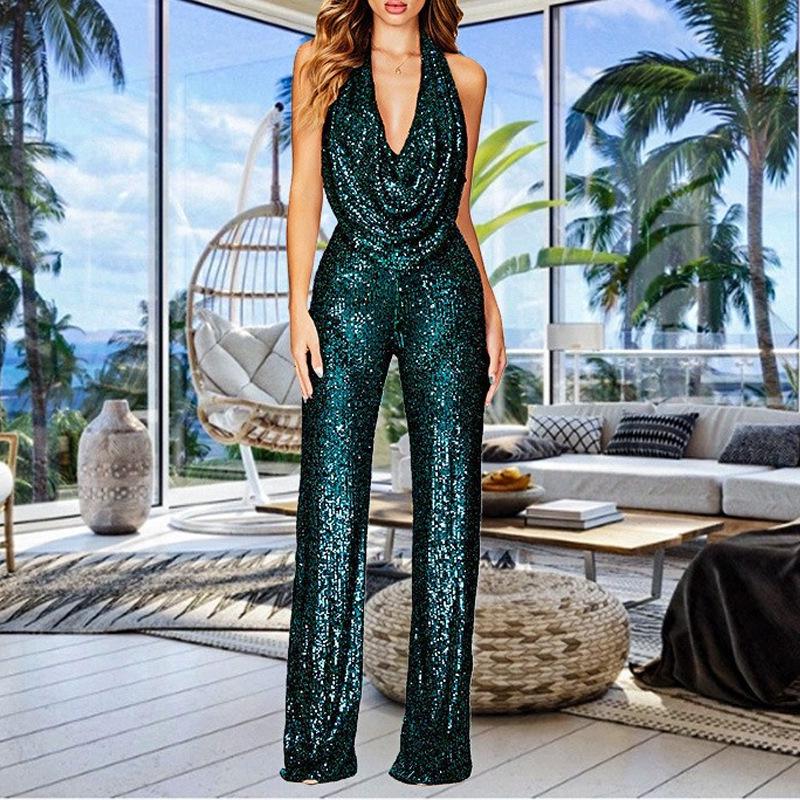 

Women s Sleeveless Halter Sequin Jumpsuit - European & American Style M