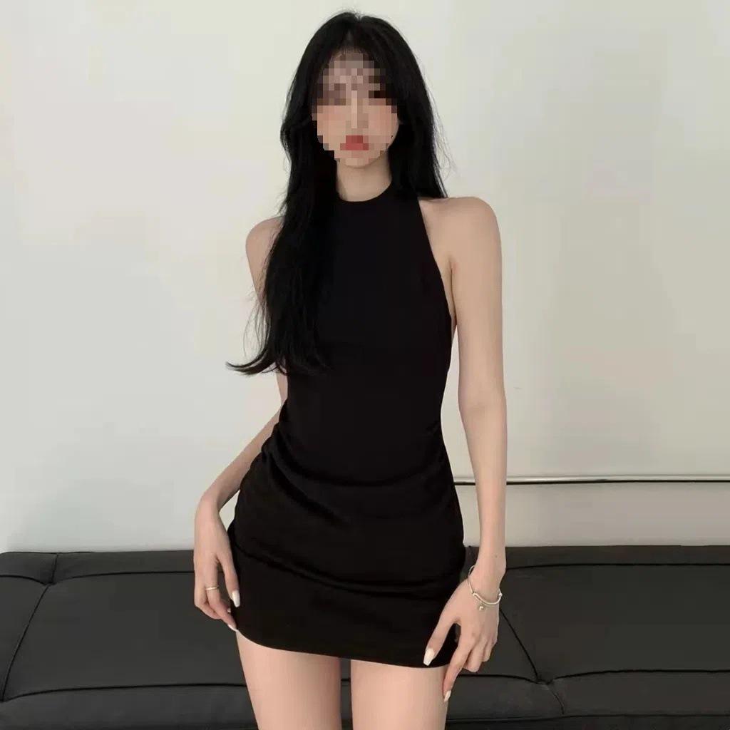 

Sexy Black Backless Halter Off-Shoulder Bodycon Mini Dress S