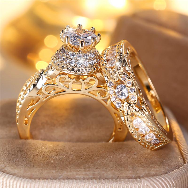 Luxury Female Crystal Rose Red Round Zircon Stone Engagement Ring Set Cute Black Gold Color Wedding Jewelry For Women