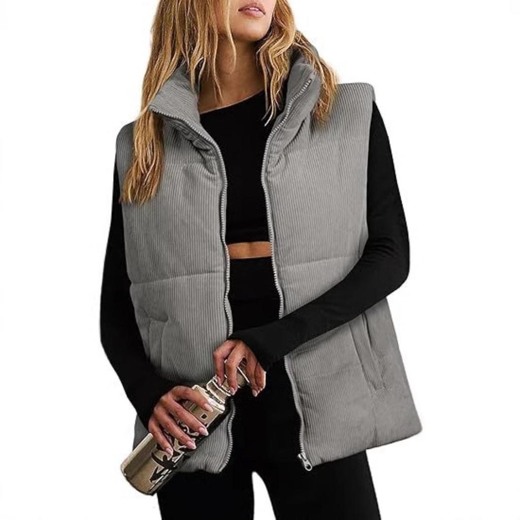 2026 Fall Winter Women's Fashion Casual Corduroy Placket Zip Up Padded Cotton Vest Sleeveless Jacket