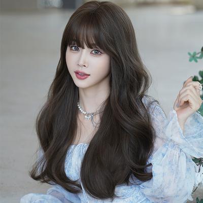 Women's Fashion Synthetic Fiber Long Wavy Wig with Bangs Ladies Front Lace Heat Resistant Natural Looking Large Waves Wig for Daily Use