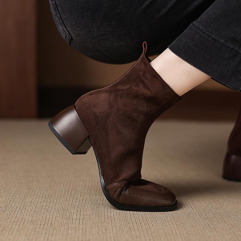 Krazing Pot Sheepskin Flock Winter Square Toe Chunky Heels Chelsea Fashion Boots Women Zip Patch Work Women Ankle Boots