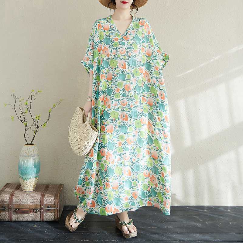 Women's Summer Floral V-Neck Maxi Dress Boho Linen Blend Beach Cover Up Loose Fit Vacation Dress with Side Slits